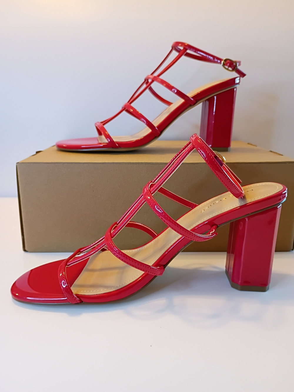 Patent Red Strappy Block Heel Sandals for Women